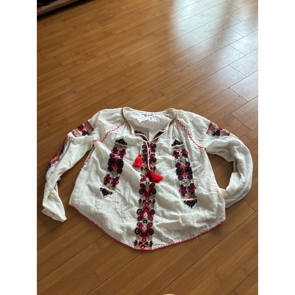 Calypso St Barth White Embroidered Boho Blouse with Tassels XS